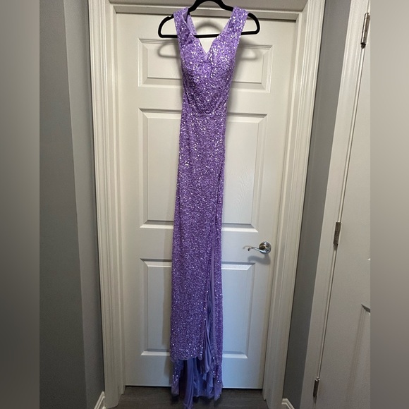 CUSTOM COLOR Ashley Lauren Lavender Sequin Open Back off-the-Shoulder Slit Gown - Picture 3 of 8